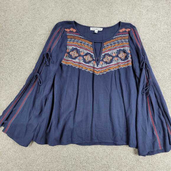 Abercrombie & Fitch Womens Boho Top M Blue Embroidery Tie Flowy Sleeves Keyhole - Picture 5 of 12